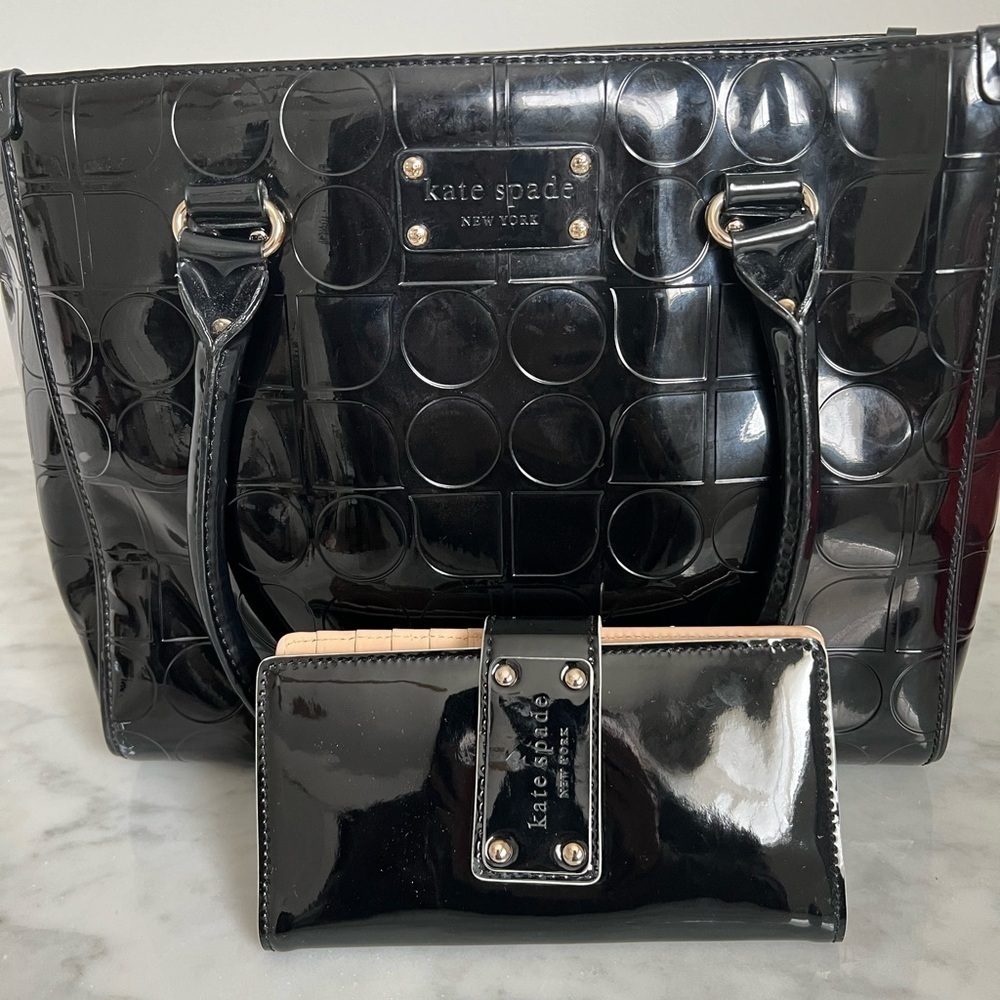 Kate Spade Wellesley Quinn Black Patent Satchel Embossed Ace of ♠️ & NWT wallet - Picture 12 of 12